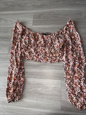 wild fable Pink and Brown Floral Off-Shoulder Crop Top